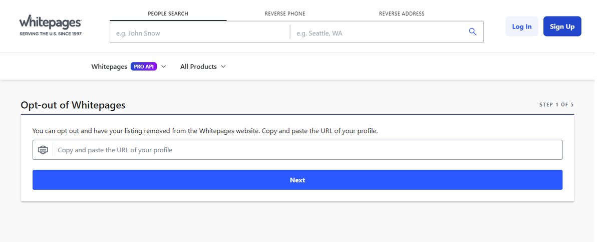 Whitepages suppression request wizard step 1 asking for your profile URL