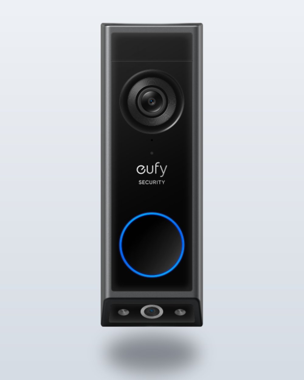 Eufy Video Doorbell E340 with its blue-ringed button on a light studio background