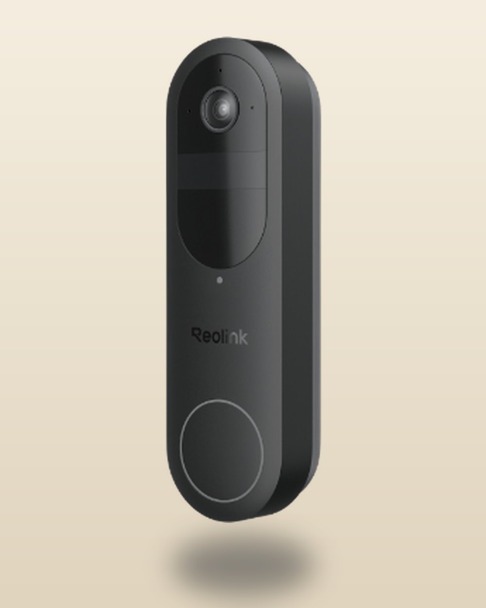 Reolink video doorbell camera on a warm neutral studio background
