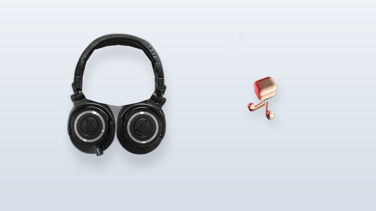 Over-ear headphones viewed from above beside a pair of true wireless earbuds and their open charging case, shown at roughly matched scale