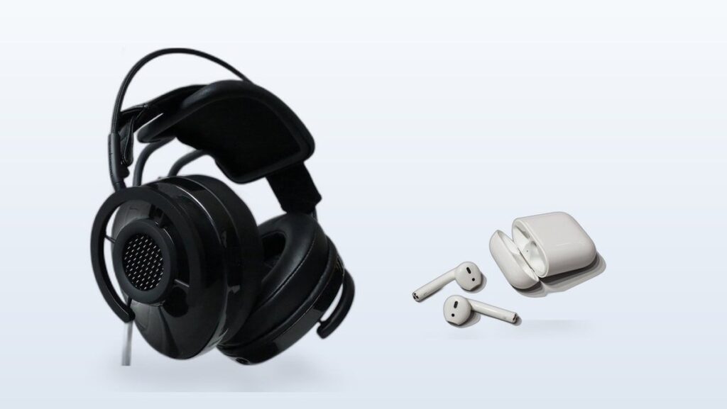 Over-ear headphones beside true wireless earbuds and their open charging case, shown at approximately matched scale