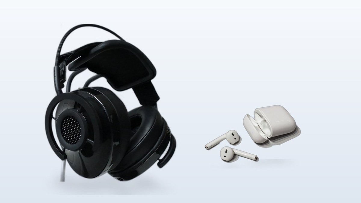 Over-ear headphones beside true wireless earbuds and their open charging case, shown at approximately matched scale