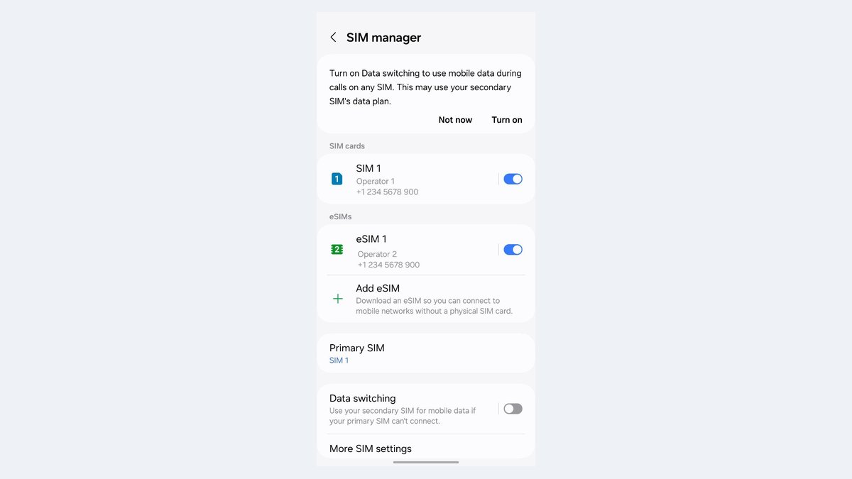 A phone SIM manager screen showing a physical SIM and an eSIM both active, plus an Add eSIM option that downloads a plan to connect without a physical SIM card