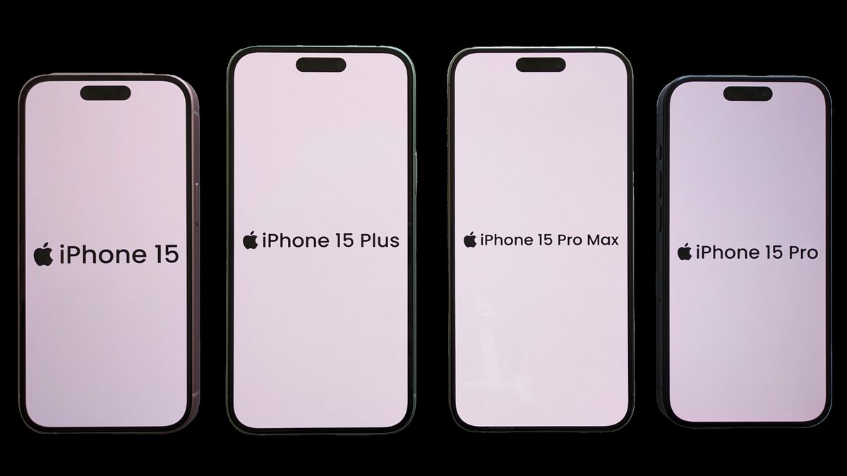 Four Apple iPhone 15 models lined up on a black background, the US iPhones that ship eSIM-only with no physical SIM tray