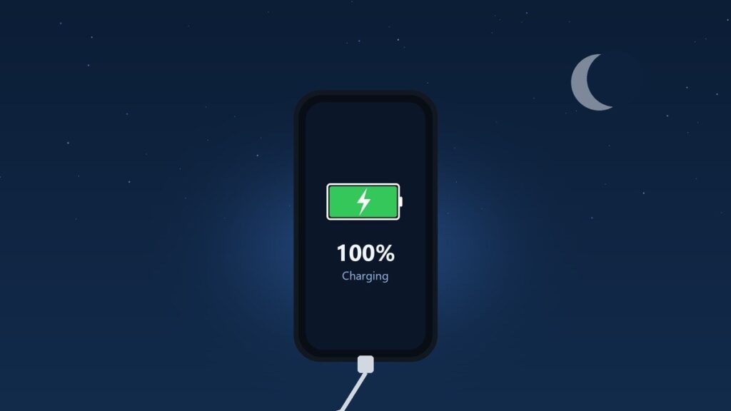 A smartphone on a nightstand at night showing a full battery and charging with a crescent moon in the sky