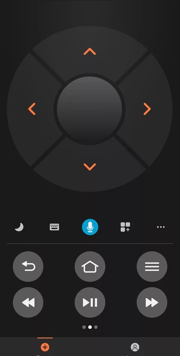 Real screenshot of the Amazon Fire TV phone app remote screen showing a large directional pad, Alexa mic button, and Back, Home, Menu and playback controls