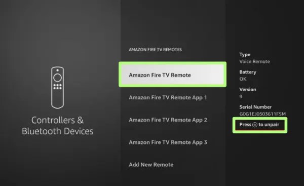 Real Fire TV settings screenshot showing the Amazon Fire TV Remotes list under Controllers and Bluetooth Devices, with battery status, version and a Press-Menu-to-unpair option in the right pane