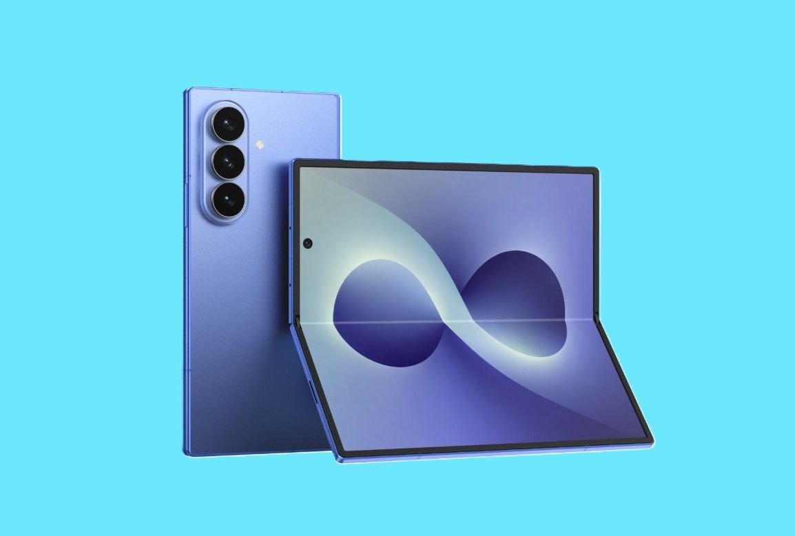 Leaked render of the Samsung Galaxy Z Fold 8 in blue, shown half open next to its closed rear with a triple camera (OnLeaks x Android Headlines via Tom's Guide)