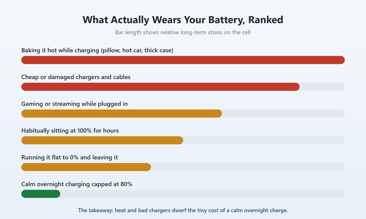 Ranked bar chart of habits that wear a phone battery, with heat and cheap chargers far above overnight charging