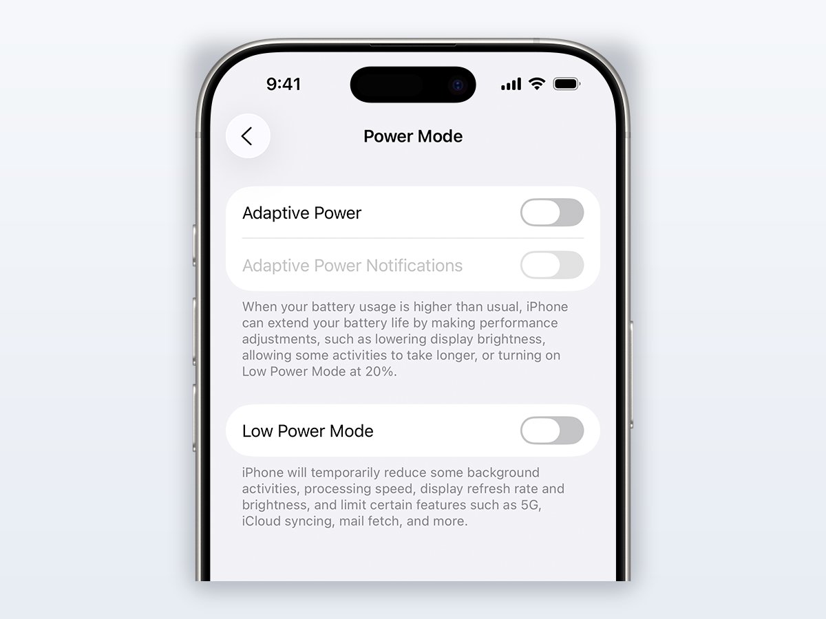 iOS 26 Power Mode settings screen showing the Adaptive Power toggle and its description of performance adjustments and Low Power Mode at 20 percent