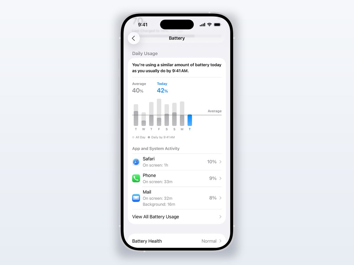 iOS 26 Battery settings screen on an iPhone showing the Daily Usage chart, the App and System Activity list, and the Battery Health row reading Normal