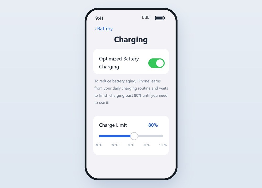 iPhone Settings showing Optimized Battery Charging turned on and a Charge Limit slider set to 80 percent