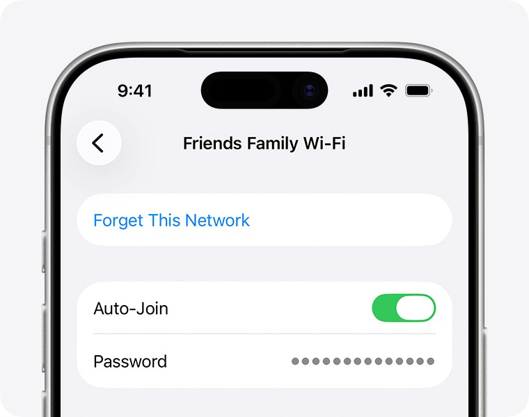 iPhone WiFi settings for a saved network showing the Forget This Network button, the Auto-Join toggle, and the stored Password field