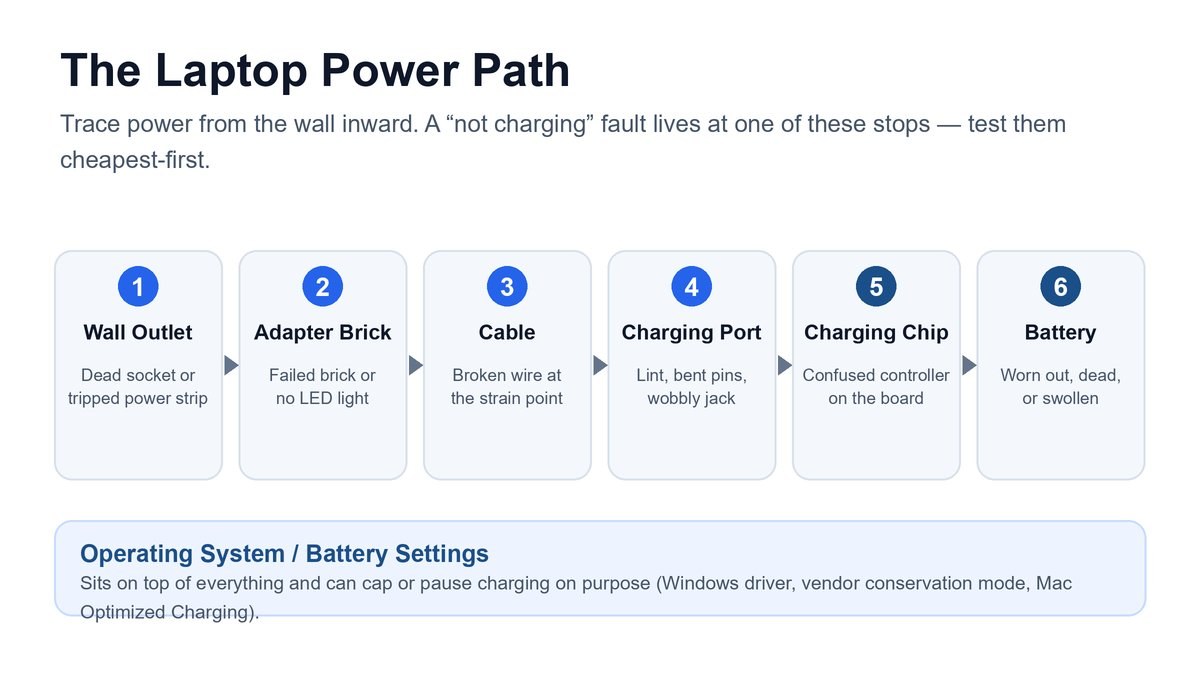 Diagram of the laptop power path from wall outlet to adapter brick, cable, charging port, charging chip, and battery