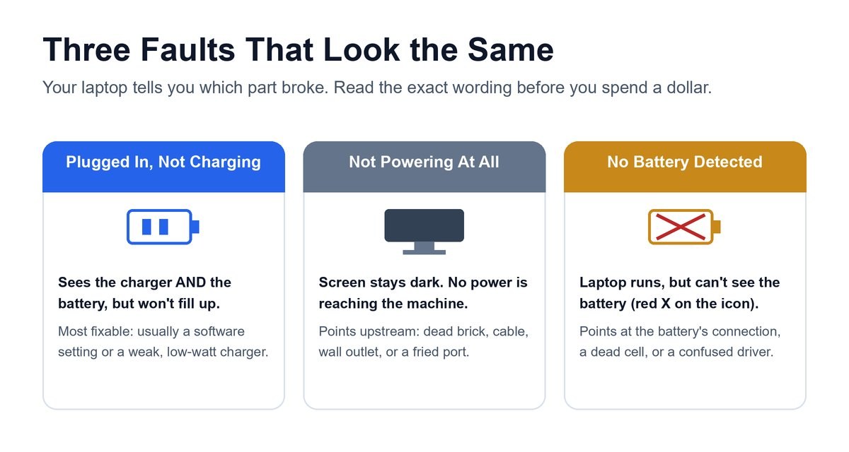 Comparison diagram of three faults: plugged in not charging, not powering at all, and no battery detected