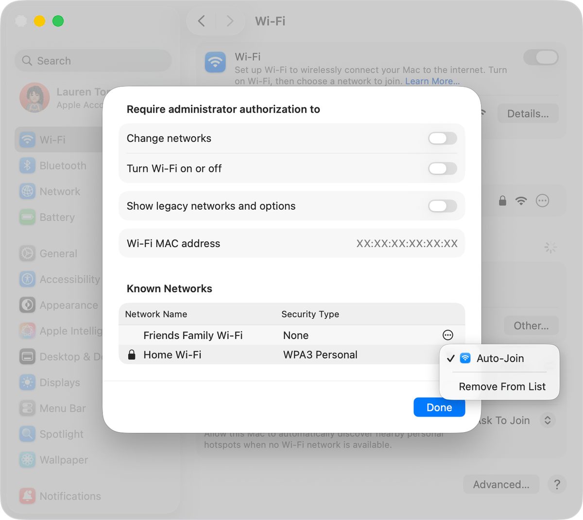 macOS System Settings WiFi pane showing the Known Networks list with the Auto-Join and Remove From List options for a saved network
