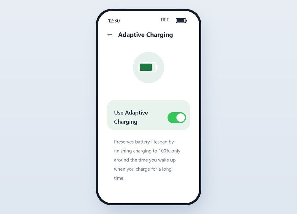 Google Pixel Adaptive Charging settings screen with the Use Adaptive Charging toggle switched on