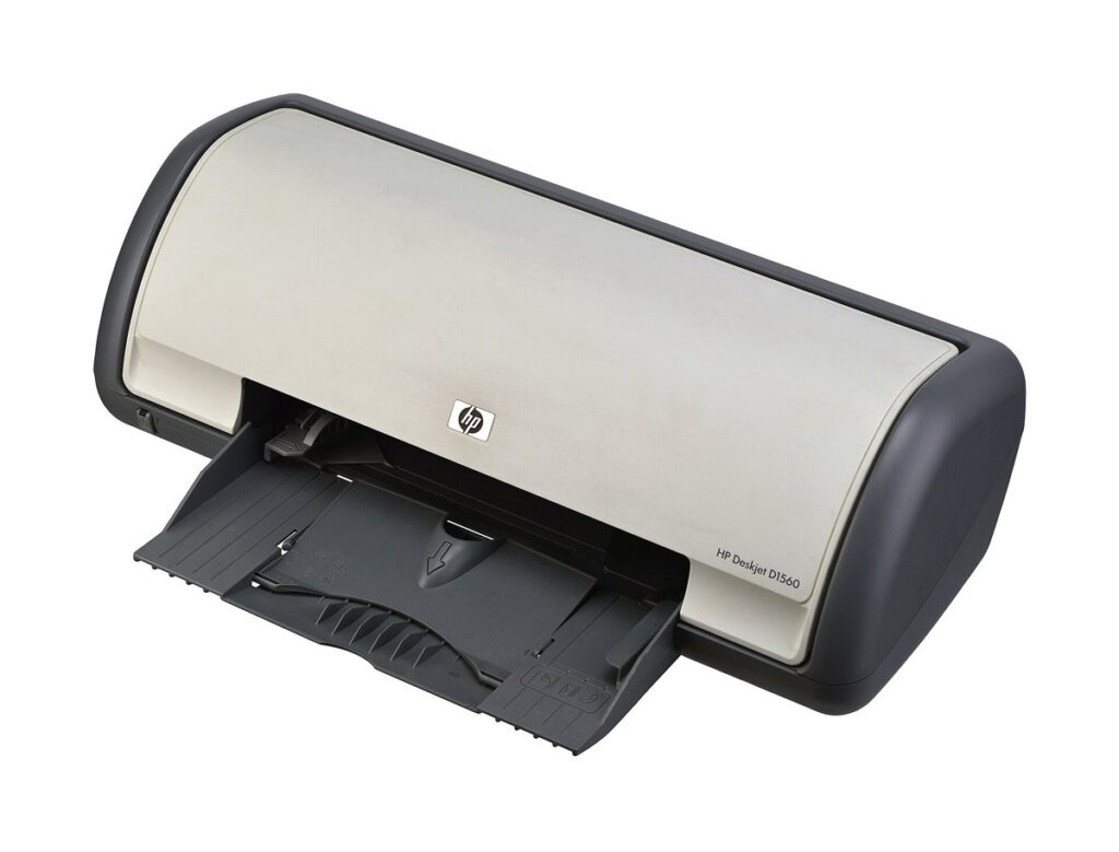 A clean HP DeskJet inkjet printer on a white background with its paper tray open, the everyday home printer that suddenly shows as offline
