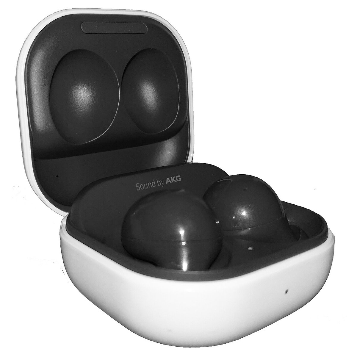 Graphite Samsung Galaxy Buds2 docked inside their open white charging case, Sound by AKG lettering visible