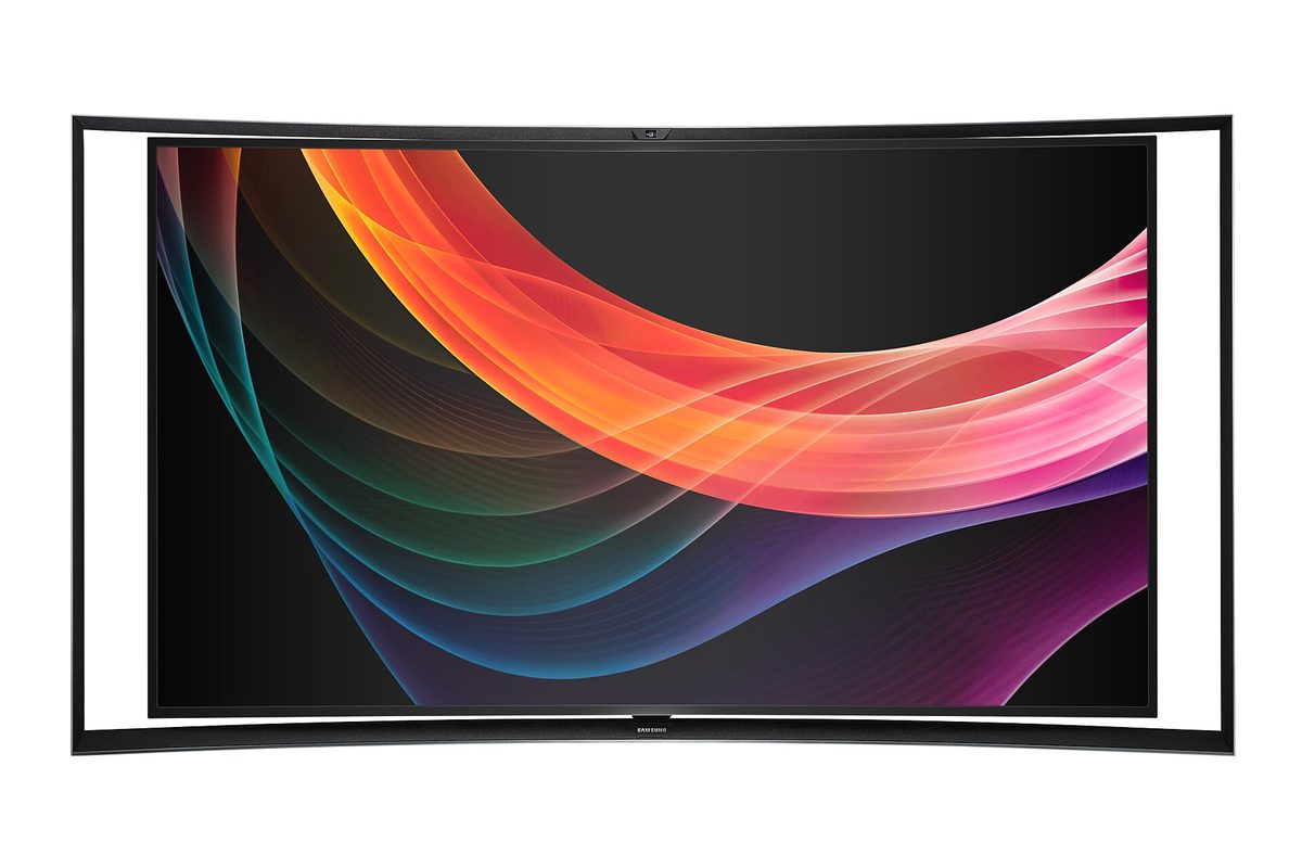 A curved Samsung television displaying colorful flowing light ribbons on a black screen, illustrating the pure saturated color an RGB LED TV produces