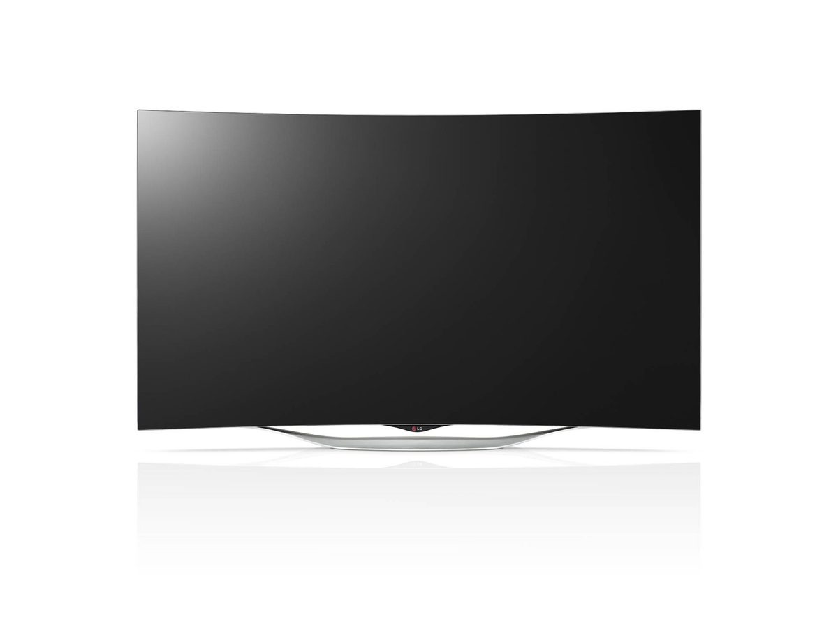 A curved LG OLED television with a completely black screen on a white background, showing the perfect off-state black that OLED delivers