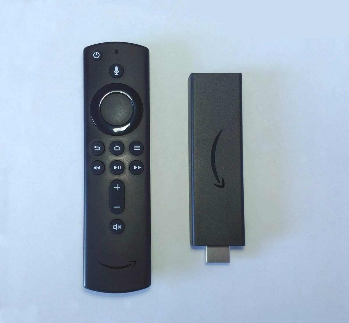 Amazon Fire TV Stick 4K with its Alexa Voice Remote, a black streaming stick