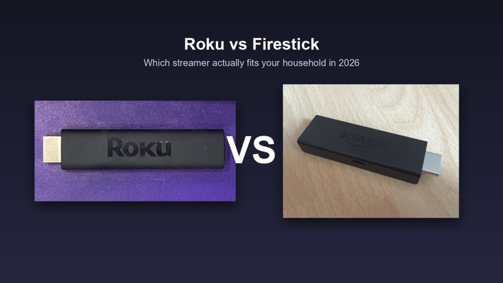 Roku Streaming Stick and Amazon Fire TV Stick side by side under a VS graphic, illustrating the roku vs firestick comparison