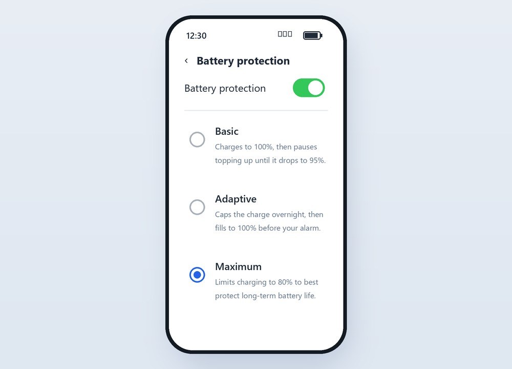 Samsung Galaxy Battery protection settings with Basic, Adaptive and Maximum modes and Maximum selected to cap charging at 80 percent