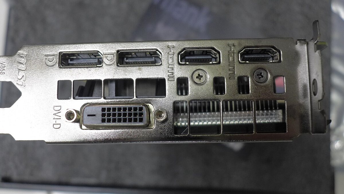 Rear output panel of a graphics card showing two DisplayPort outputs, two HDMI outputs, and a DVI-D port, the connectors you choose between for a second monitor