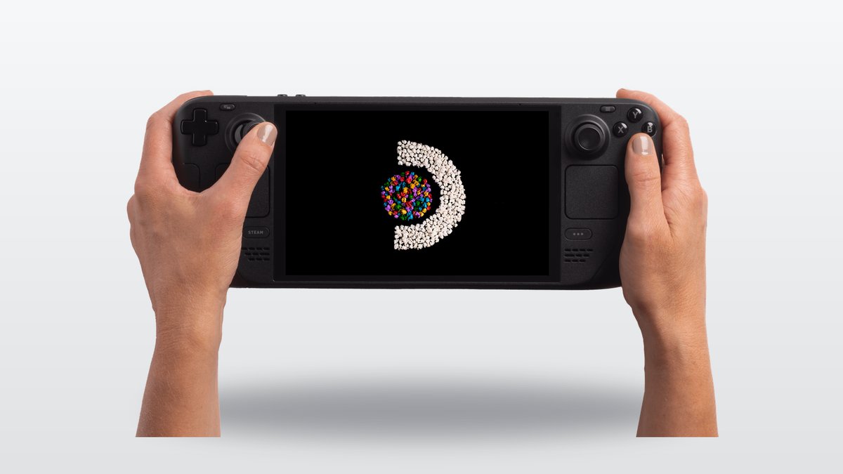 Two hands holding the Steam Deck OLED handheld with the screen lit, official Valve product image