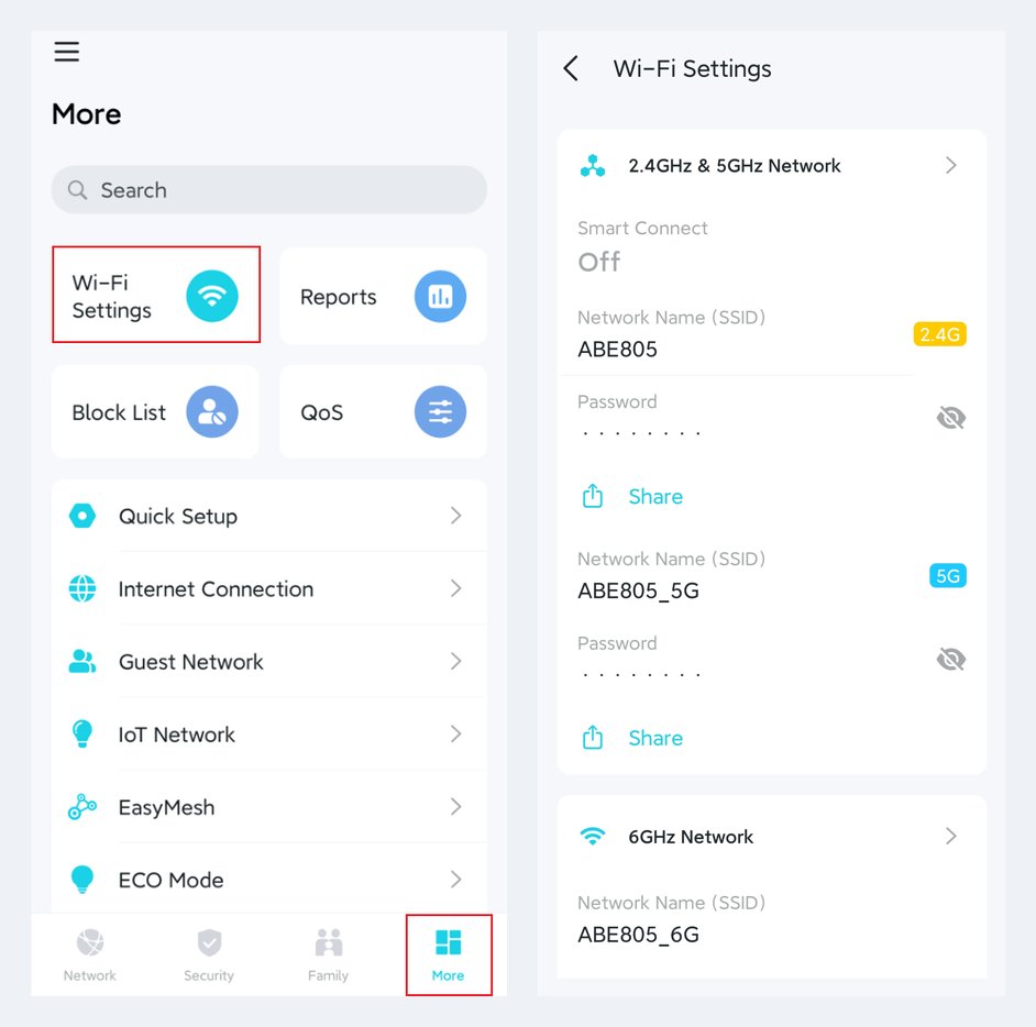 TP-Link Tether app: the More menu with Wi-Fi Settings highlighted, and the Wi-Fi Settings screen with the Network Name (SSID) and Password fields for the 2.4GHz, 5GHz, and 6GHz bands