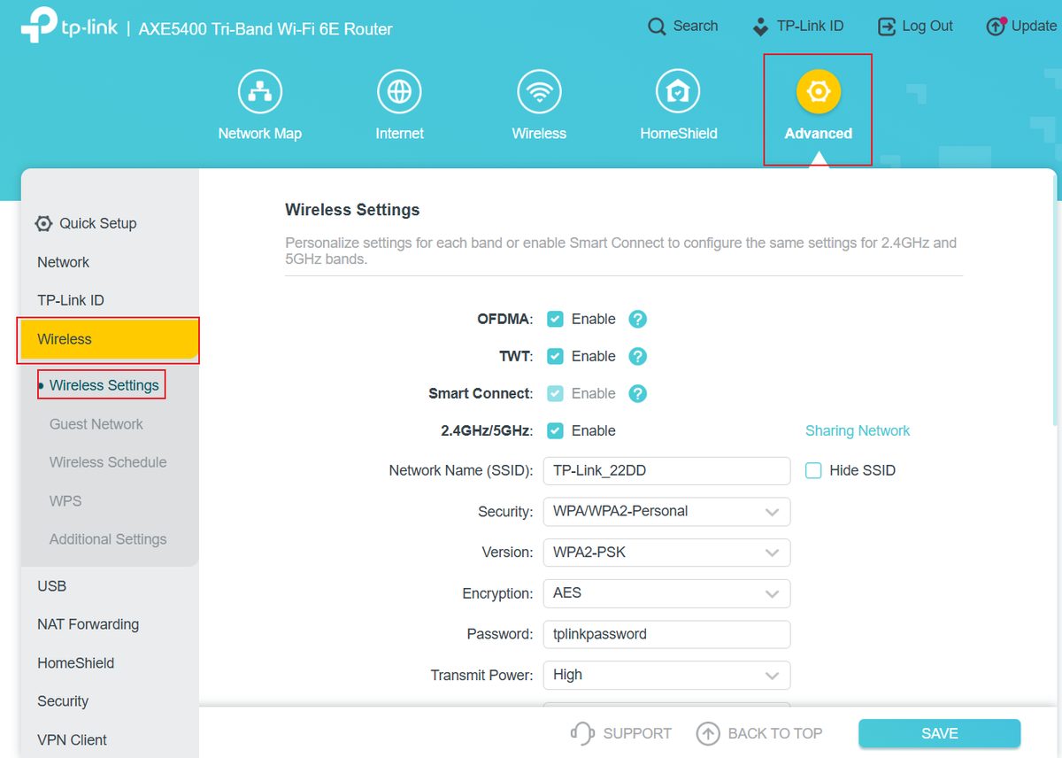 TP-Link router web admin panel on the Advanced tab showing the Wireless Settings page with the Network Name (SSID), Security, and Password fields where you change the WiFi password