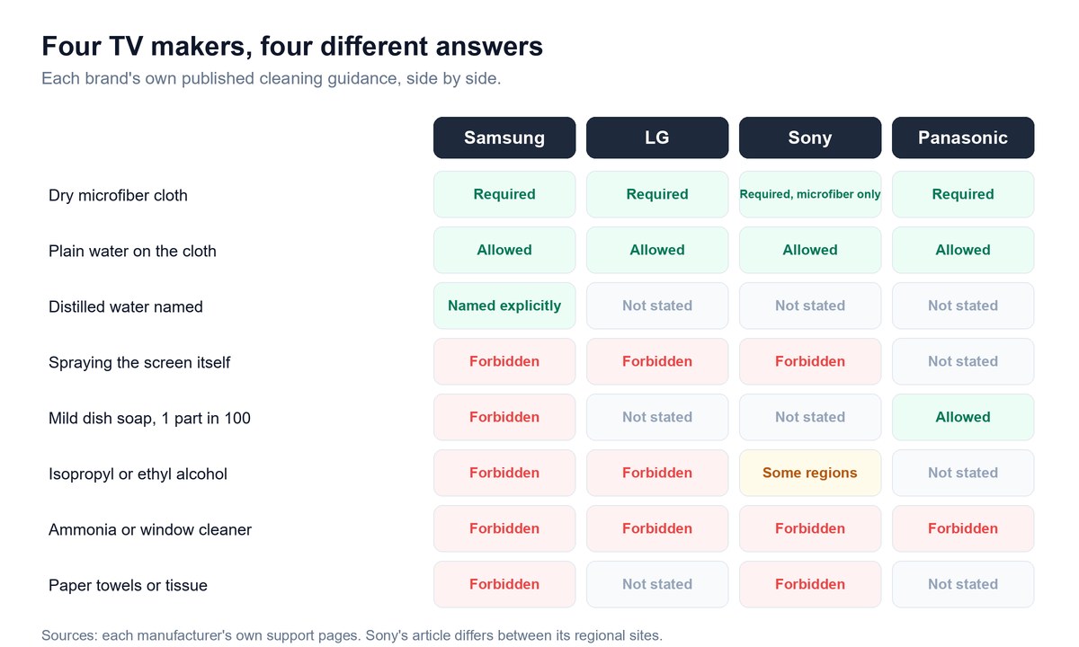 Comparison table showing Samsung, LG, Sony and Panasonic cleaning guidance for microfiber, water, soap, alcohol and window cleaner