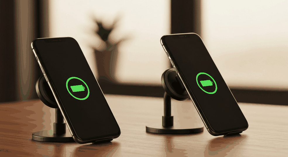 Two smartphones each held on a round magnetic wireless charging stand, both screens showing a green charging icon